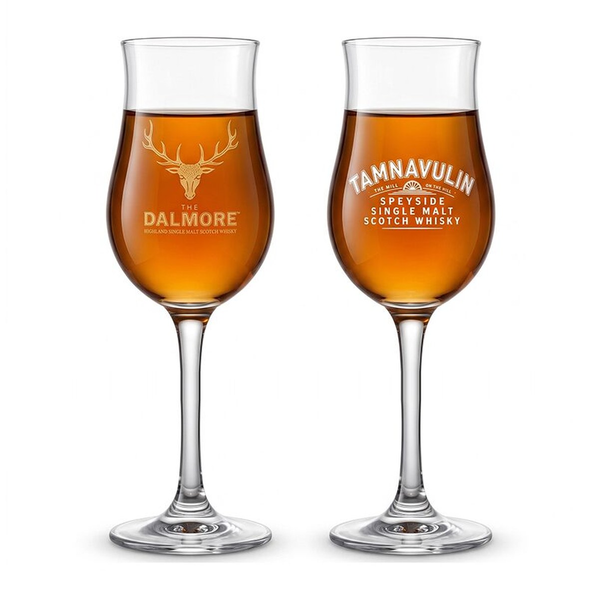 Dalmore branded glassware — Stag-crest pair